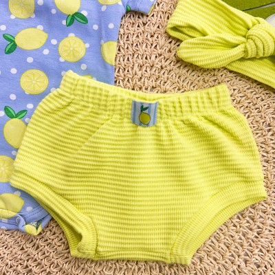 Conj. Body Limãozinho, Tapa Fralda e Faixa de Cabelo - Verde e Azul Jeans 